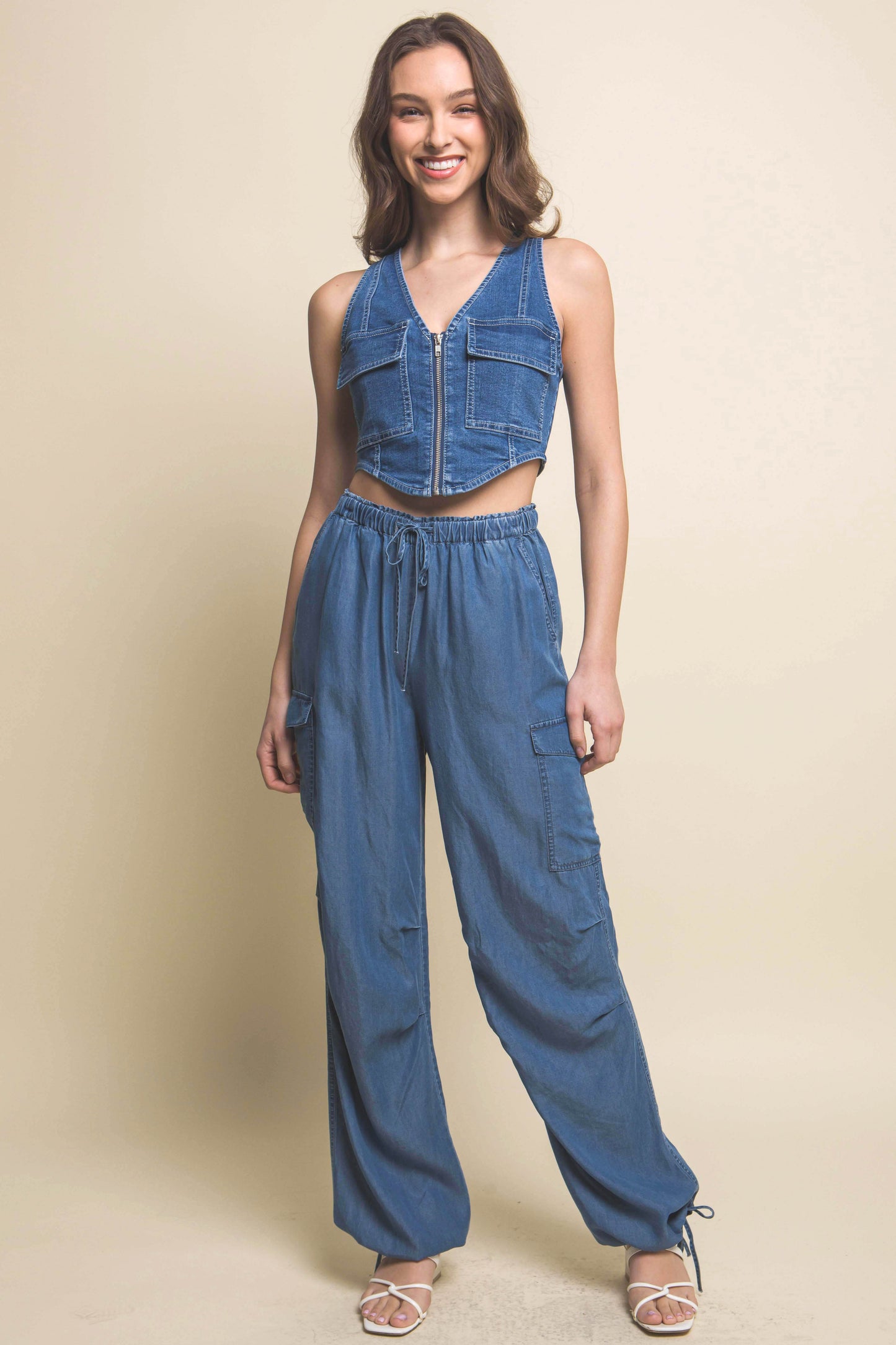 T8017LT Denim Sleeveless Zipper Crop Vest