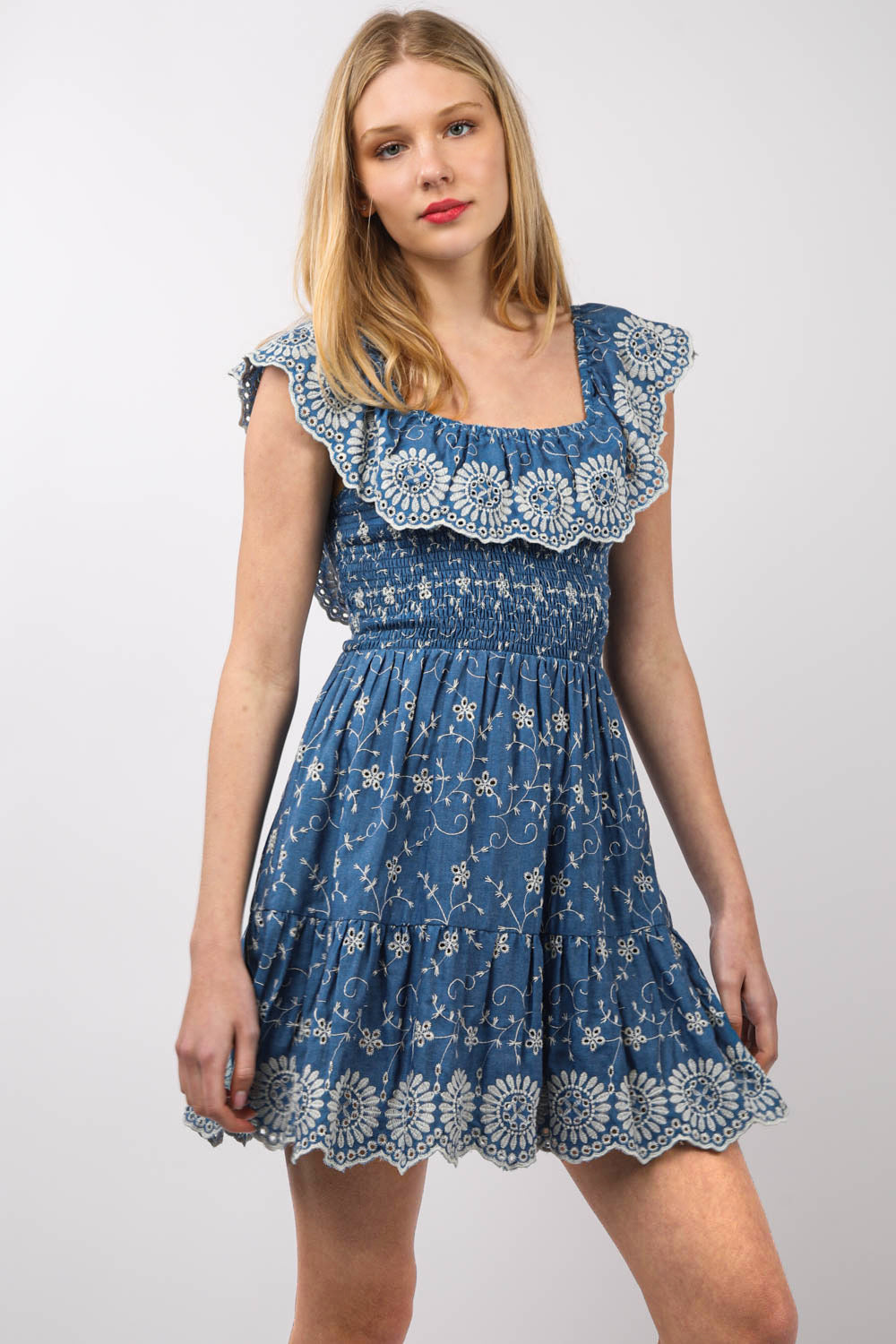 D806VJ Elastic Shoulder Ruffle Eyelet Lace Denim Mini Dress