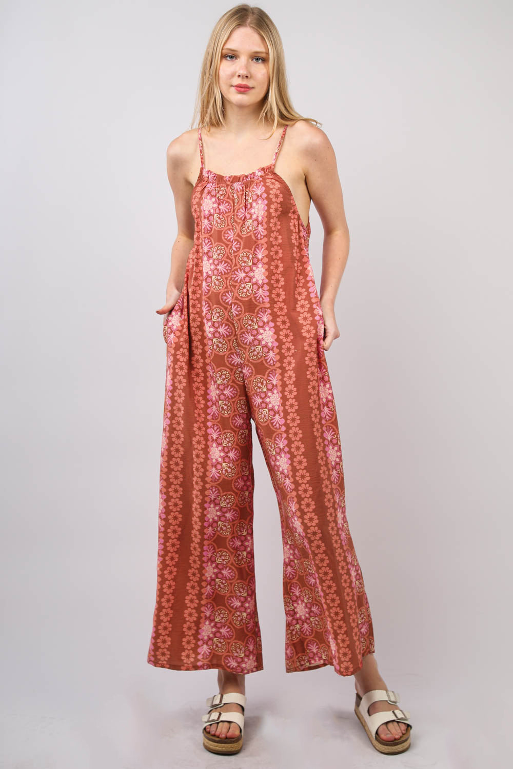 R8068VJ Printed Wide Leg Comfy Casual Jumpsuit