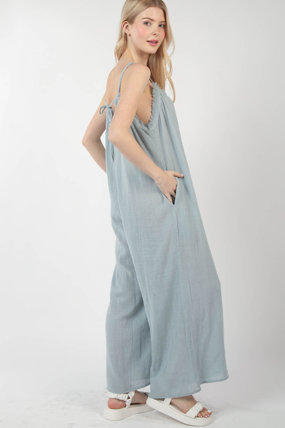 R8072VJ Frayed Hem Detail Solid Gauze Comfy Wide Leg Jumpsuit