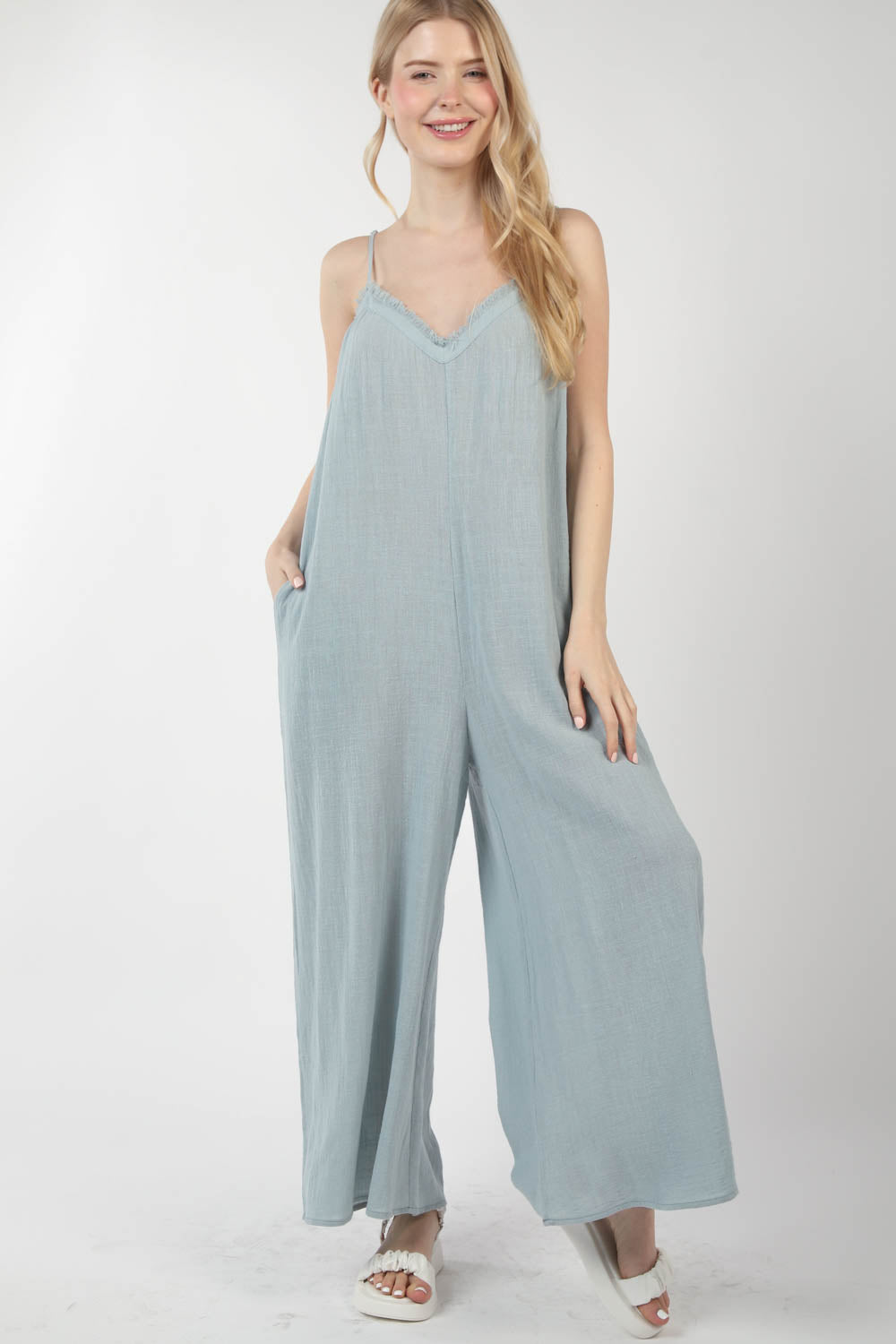 R8072VJ Frayed Hem Detail Solid Gauze Comfy Wide Leg Jumpsuit