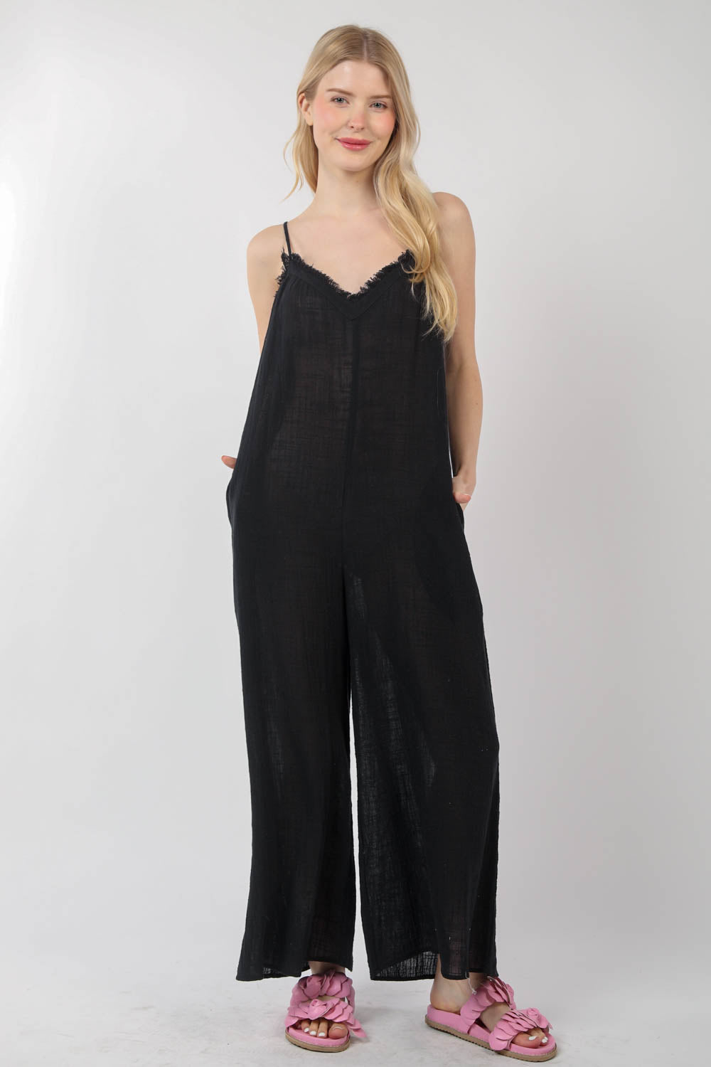 R8072VJ Frayed Hem Detail Solid Gauze Comfy Wide Leg Jumpsuit