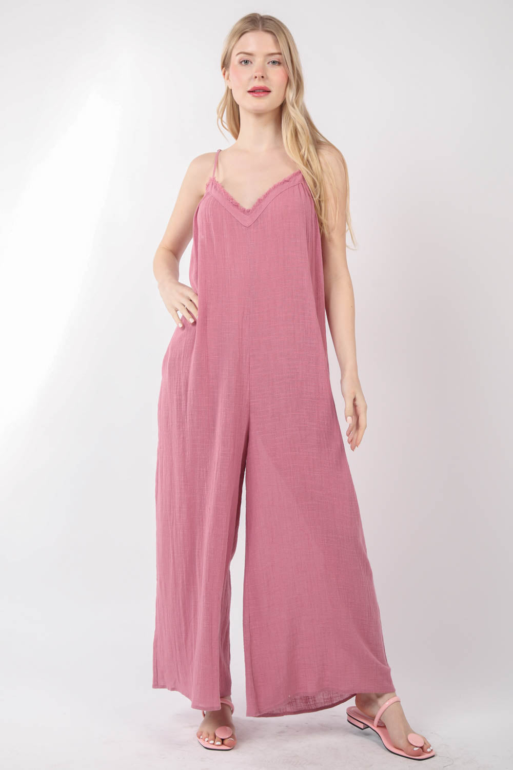 R8072VJ Frayed Hem Detail Solid Gauze Comfy Wide Leg Jumpsuit