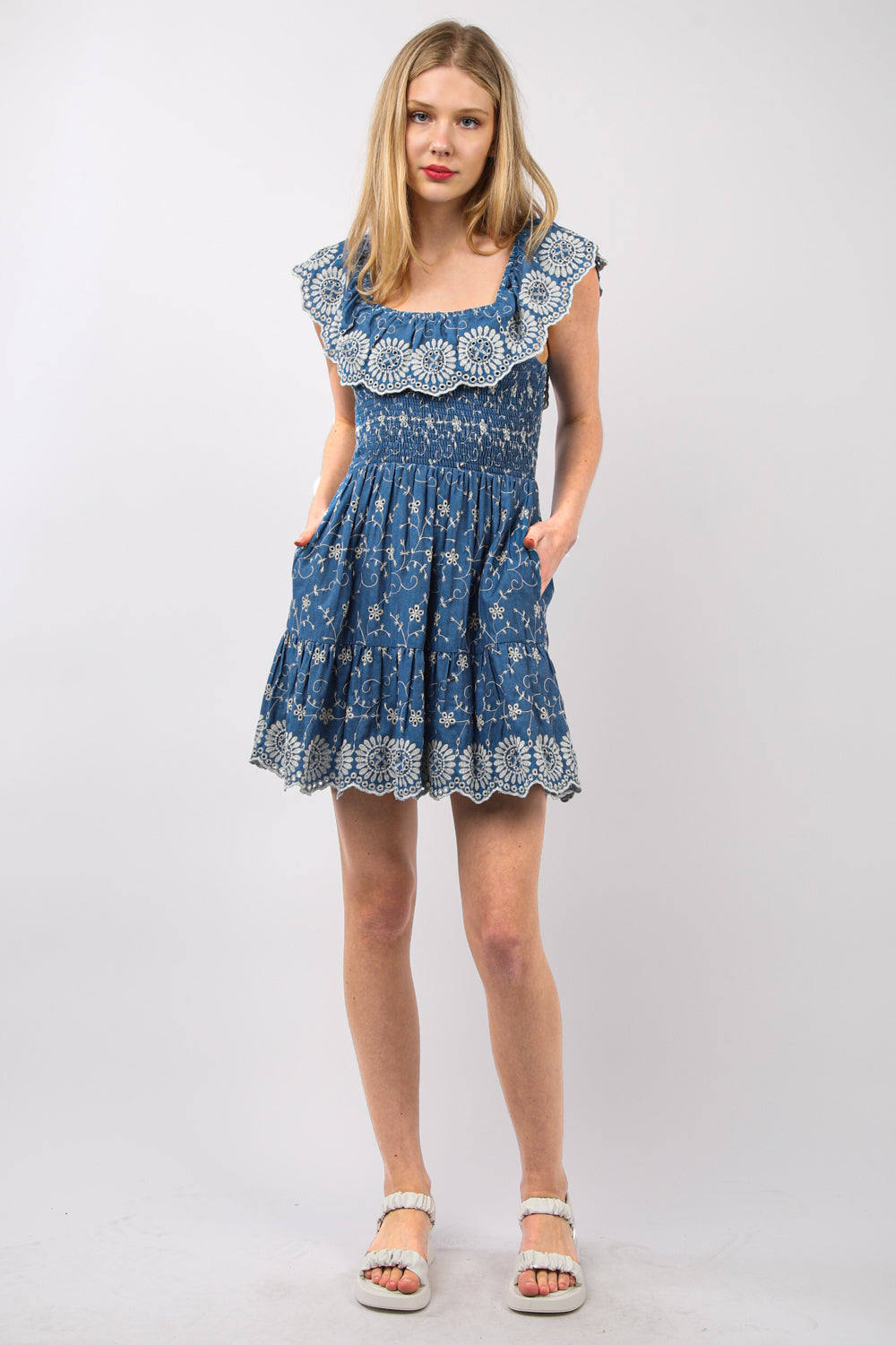 D806VJ Elastic Shoulder Ruffle Eyelet Lace Denim Mini Dress