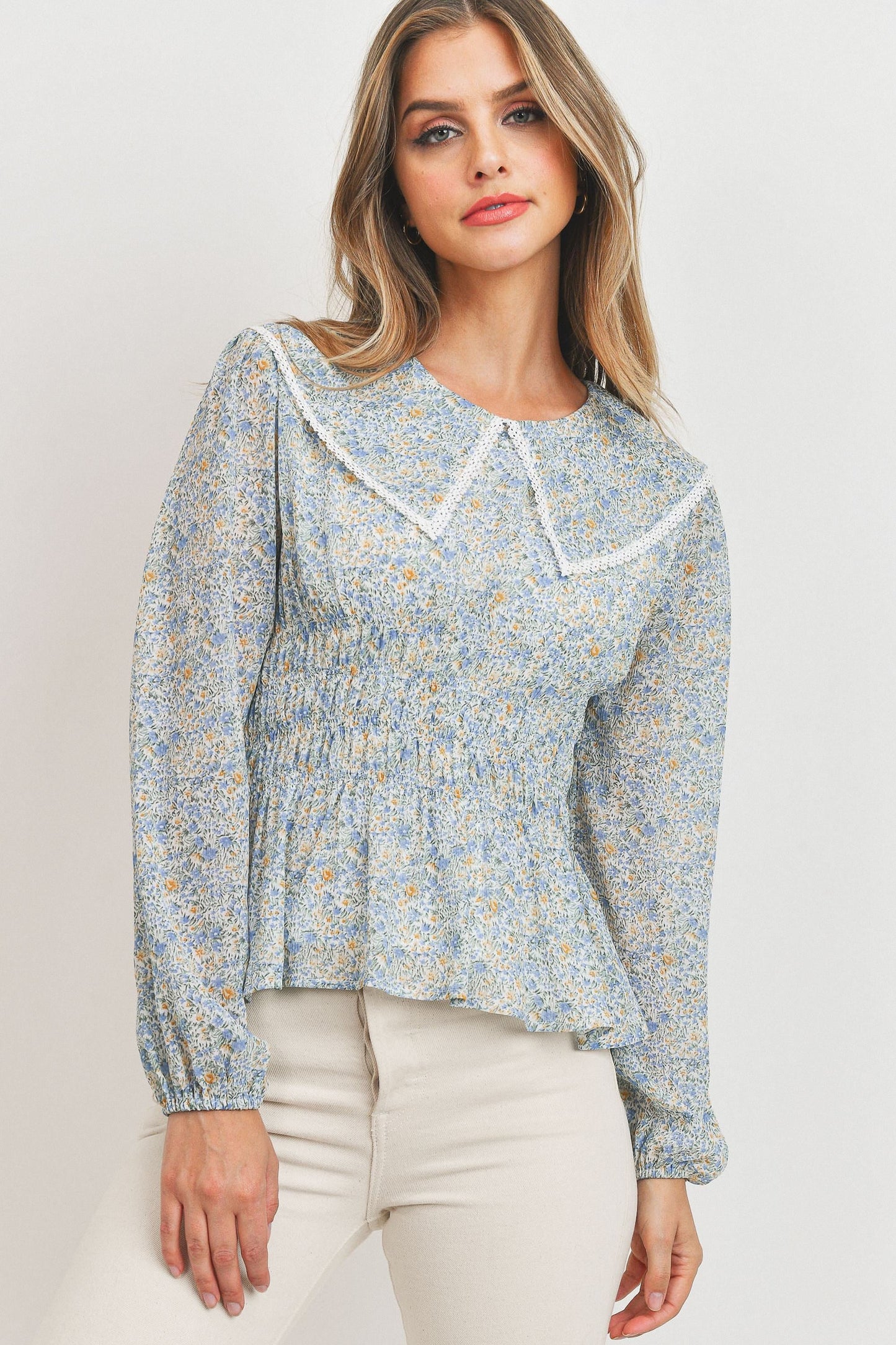 Collar Long Sleeve Smock Blouse