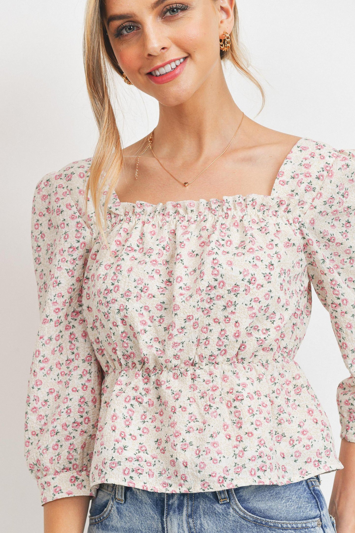 Floral Print Waist Elastic 3/4 Sleeve Top