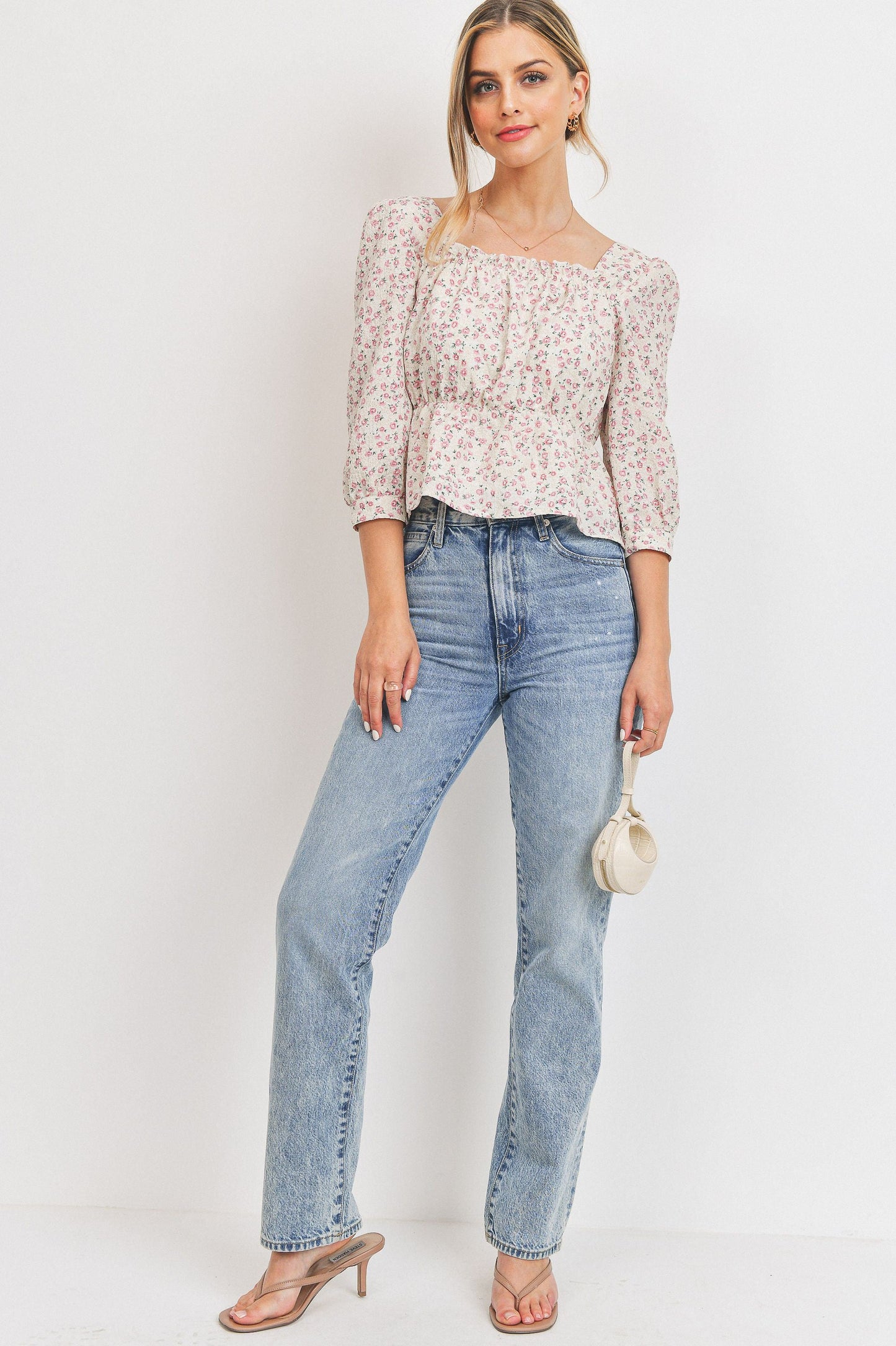 Floral Print Waist Elastic 3/4 Sleeve Top