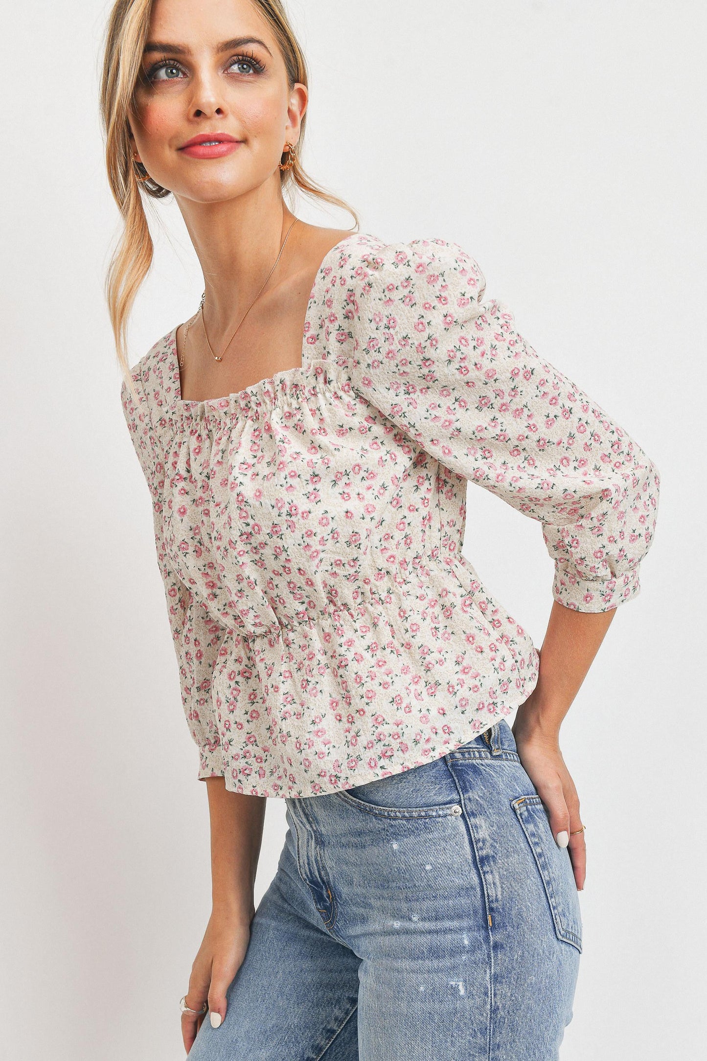 Floral Print Waist Elastic 3/4 Sleeve Top