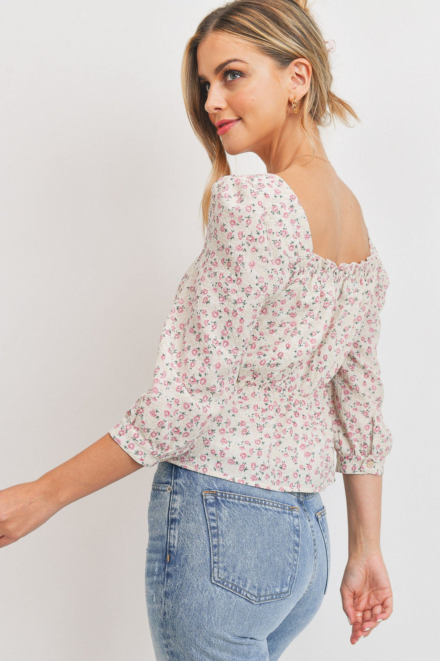 Floral Print Waist Elastic 3/4 Sleeve Top