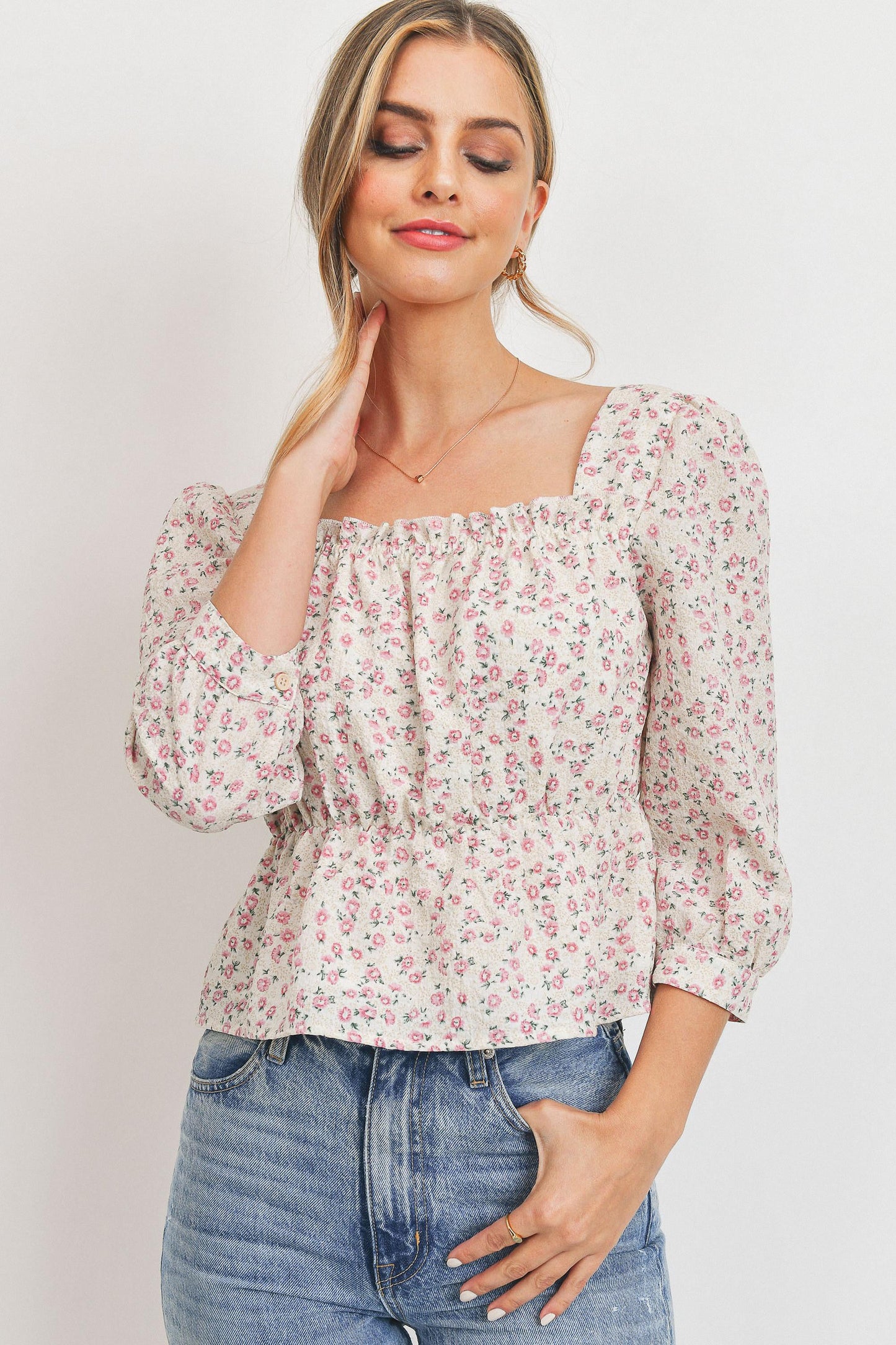 Floral Print Waist Elastic 3/4 Sleeve Top