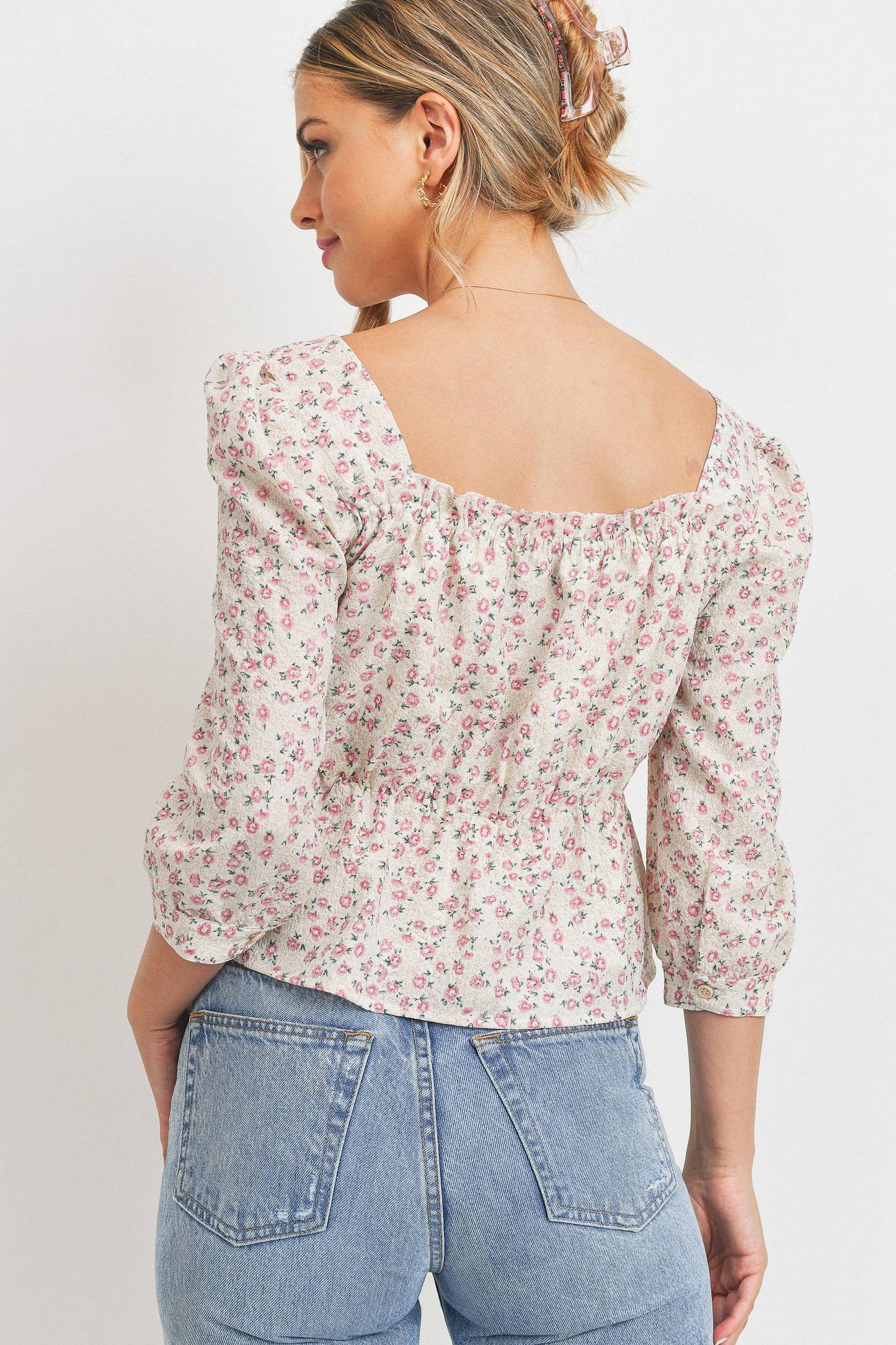 Floral Print Waist Elastic 3/4 Sleeve Top