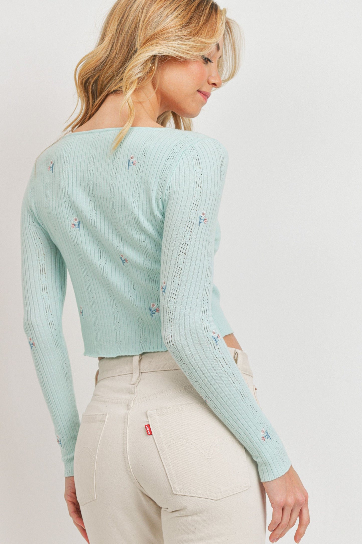 Embroidered Floral Knit Long Sleeve Top