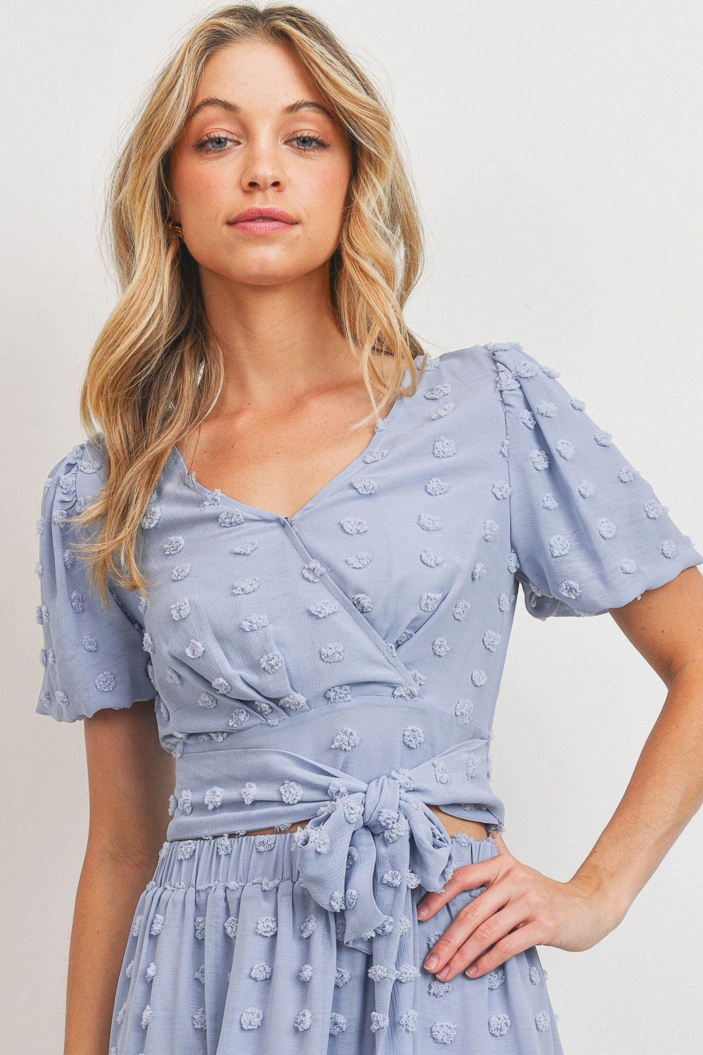 Pompom Textured Surplice With Waist Tie Short Sleeve Top