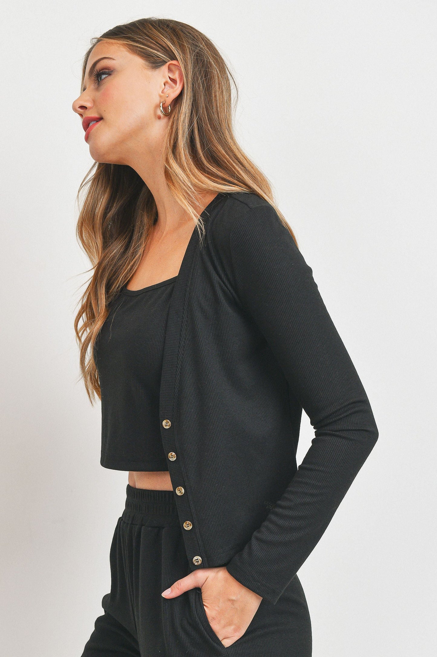 Rib Crop Tank with Button Front Long Sleeve Cardigan Set