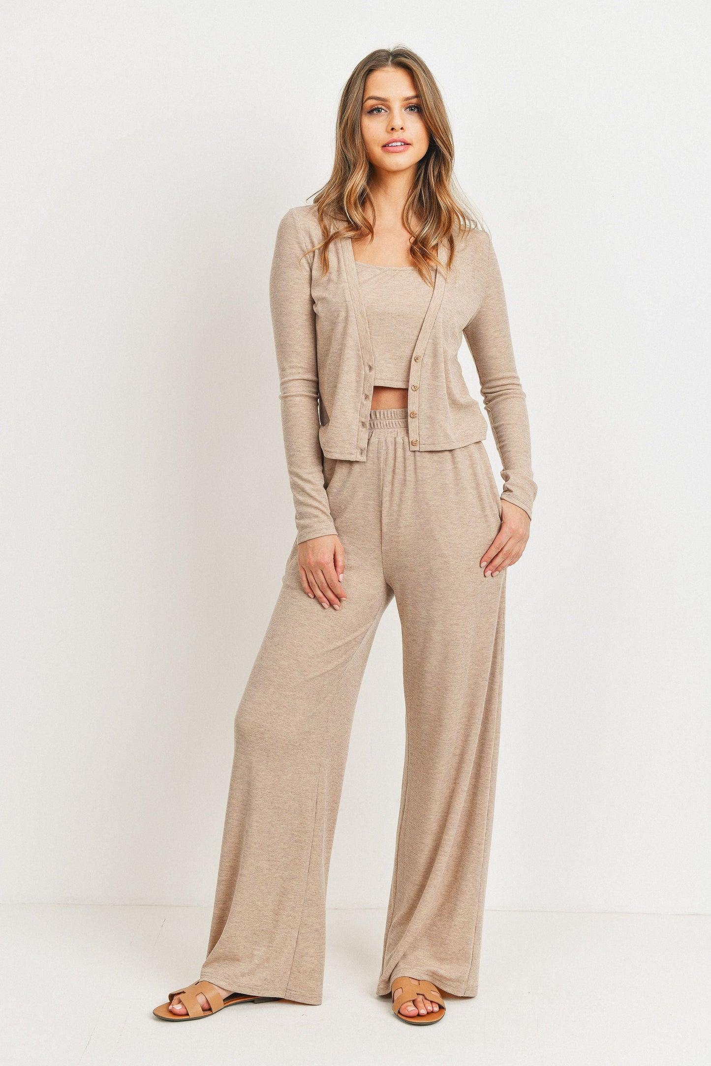 Rib Crop Tank with Button Front Long Sleeve Cardigan Set