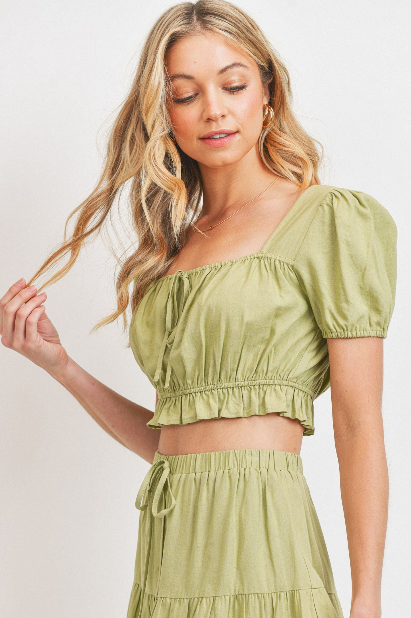 Short Puff Sleeve Square Neck Tie Frill Top