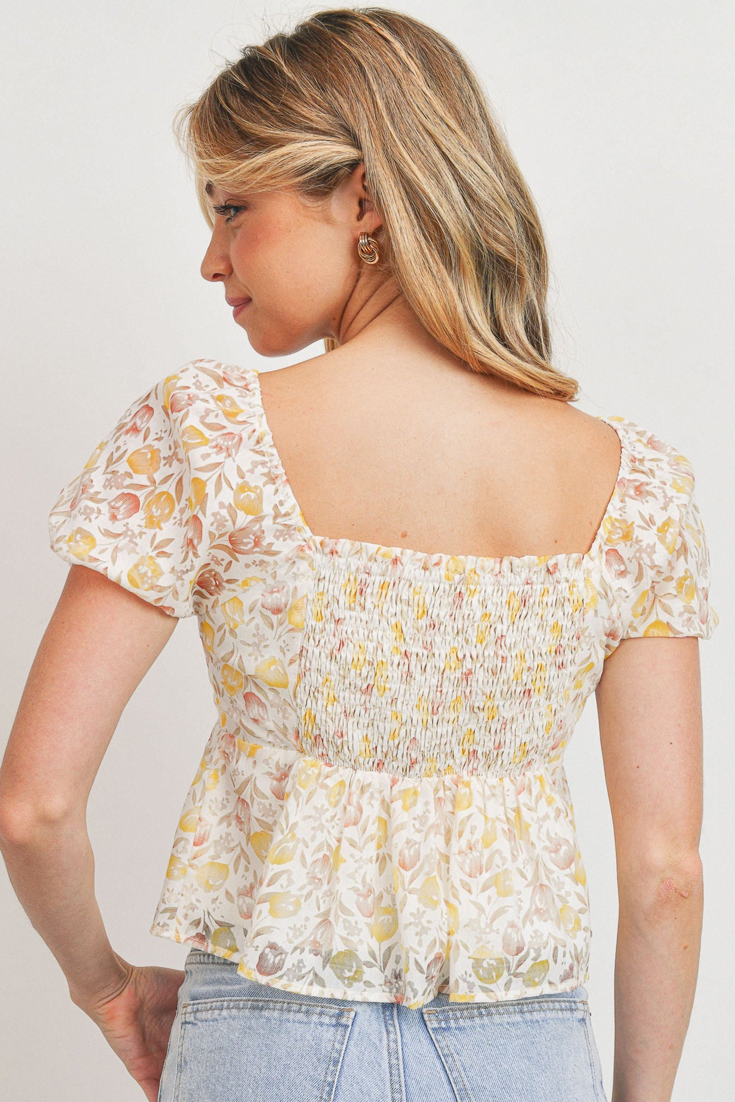 Burnout Floral Print Smocking Back Short Sleeve Top