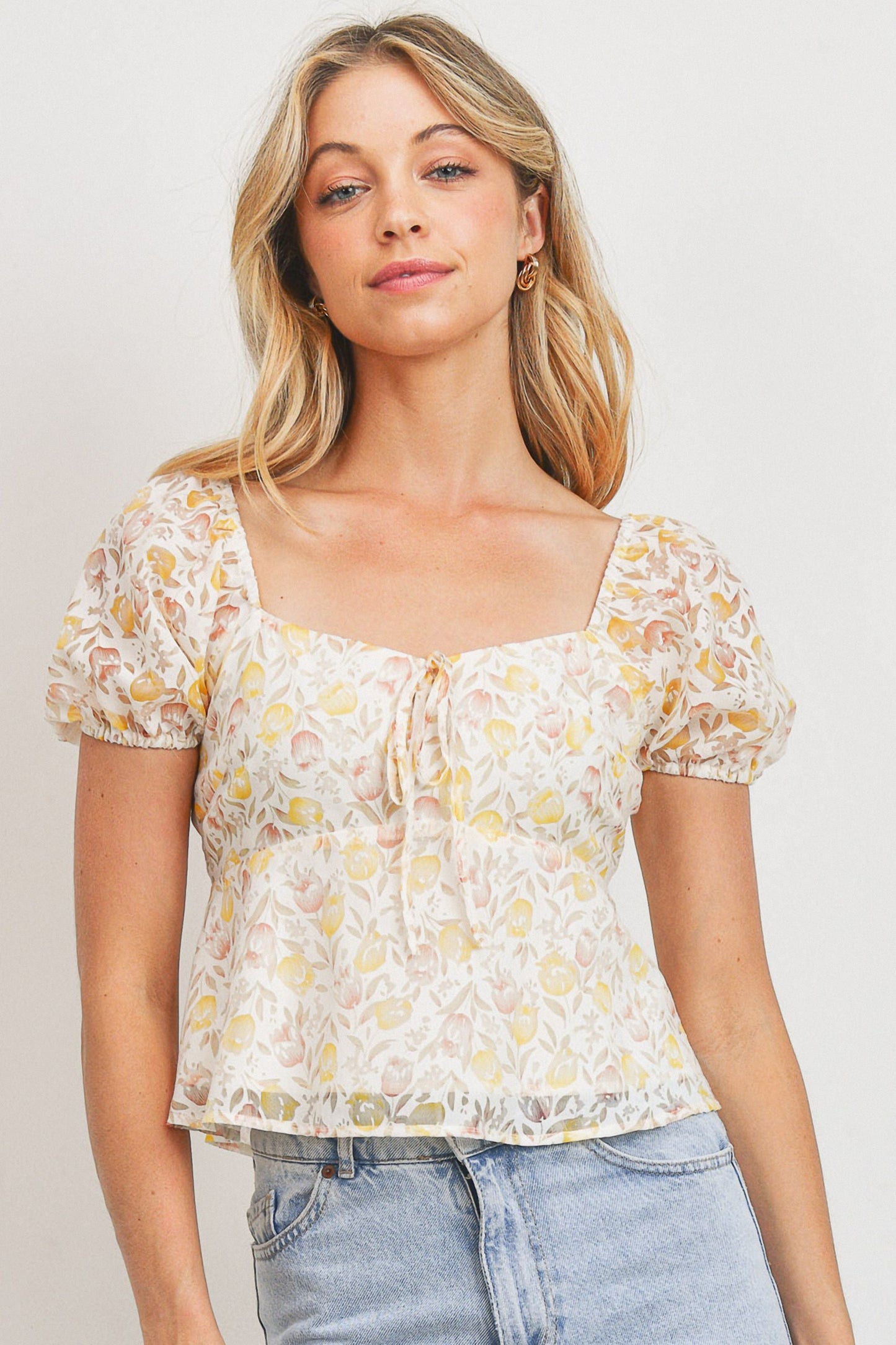 Burnout Floral Print Smocking Back Short Sleeve Top