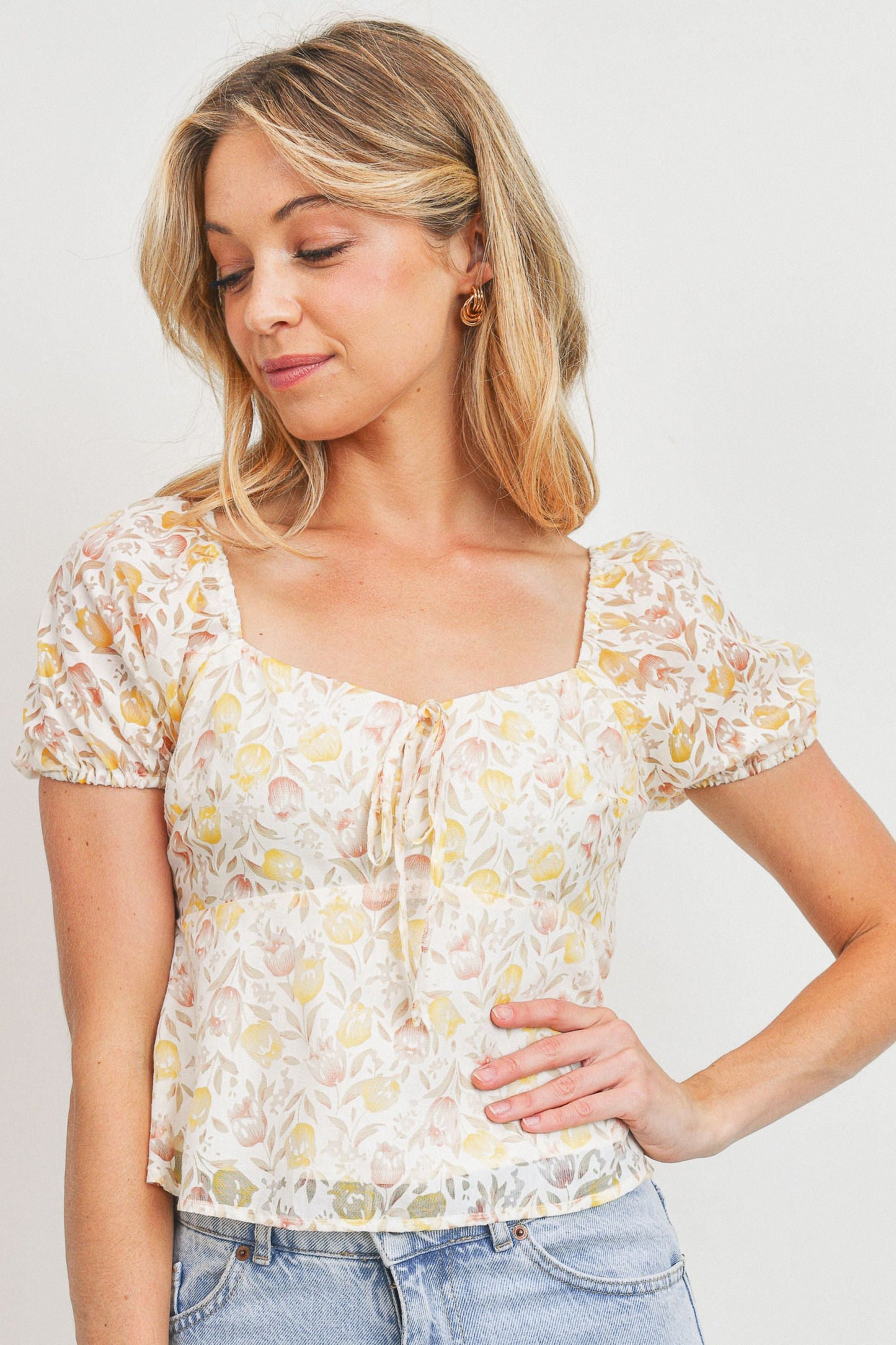 Burnout Floral Print Smocking Back Short Sleeve Top