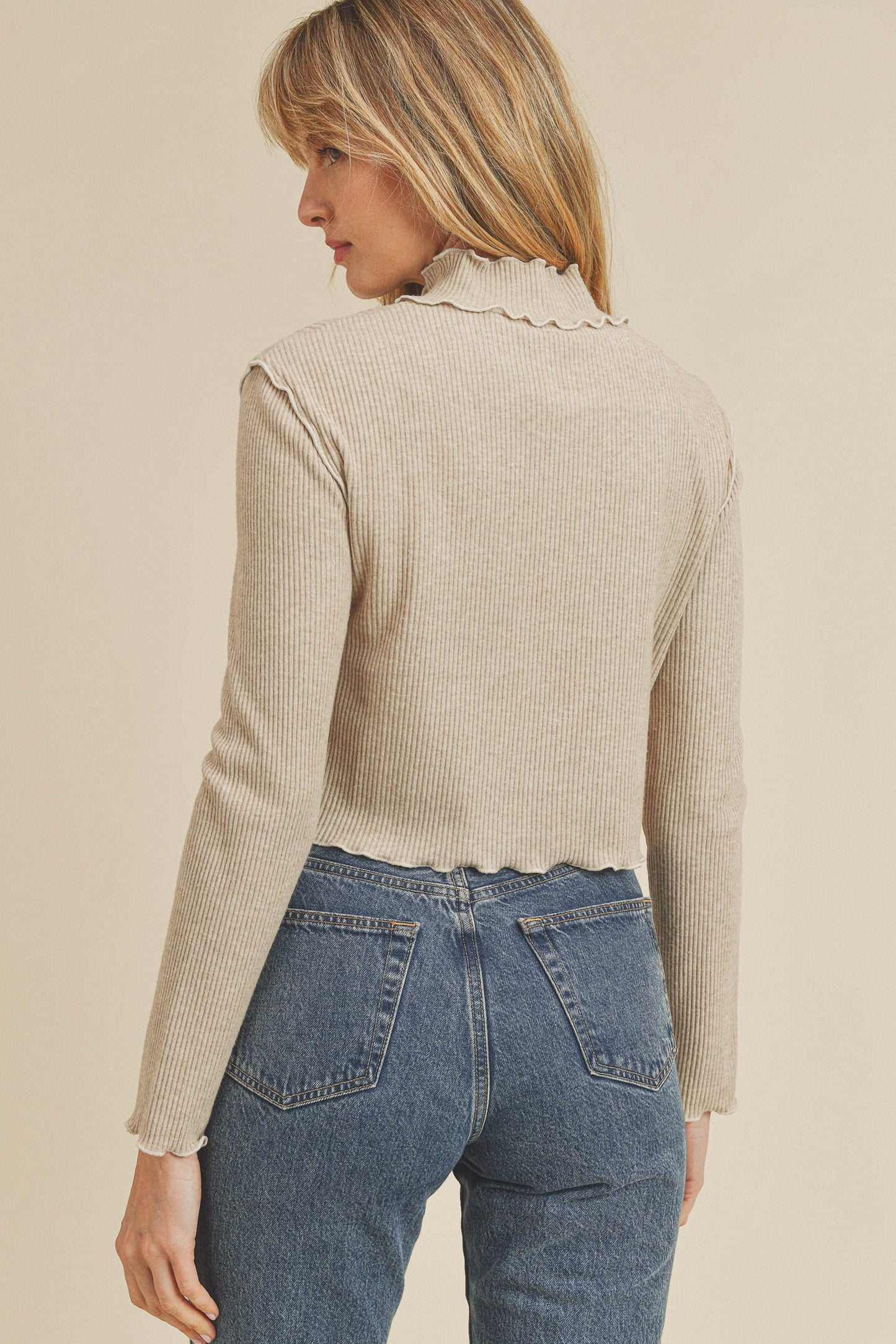 Turtle Neck Merrow Finish Unbalanced Crop Long Sleeve