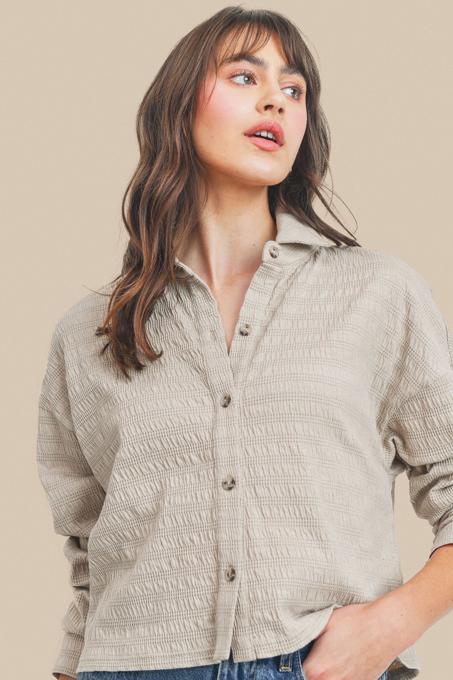 Button Down With Collar Drop Shoulder Top