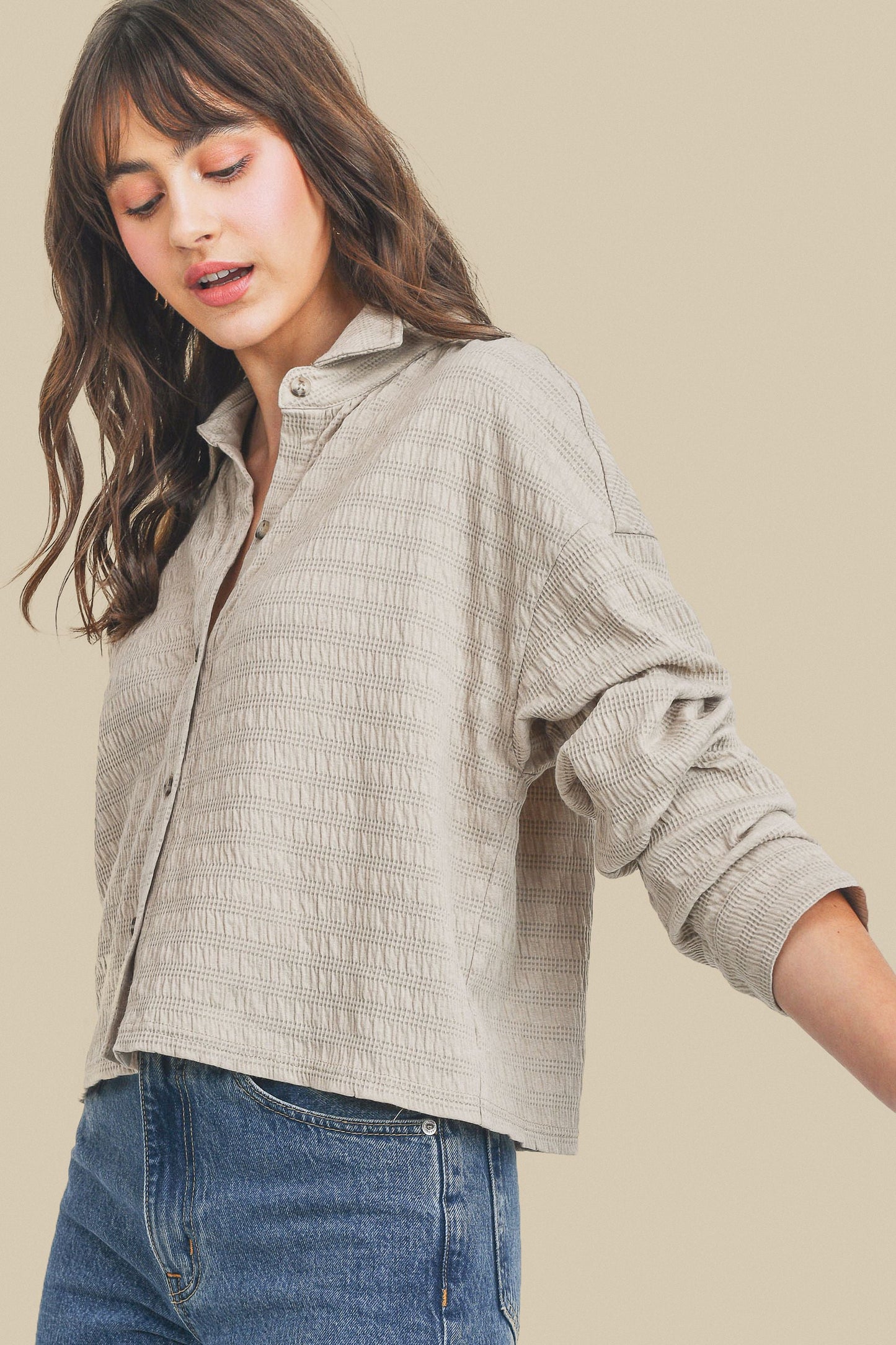 Button Down With Collar Drop Shoulder Top