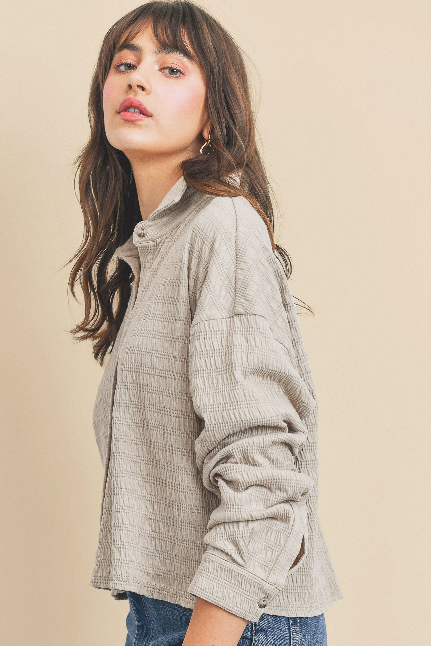 Button Down With Collar Drop Shoulder Top