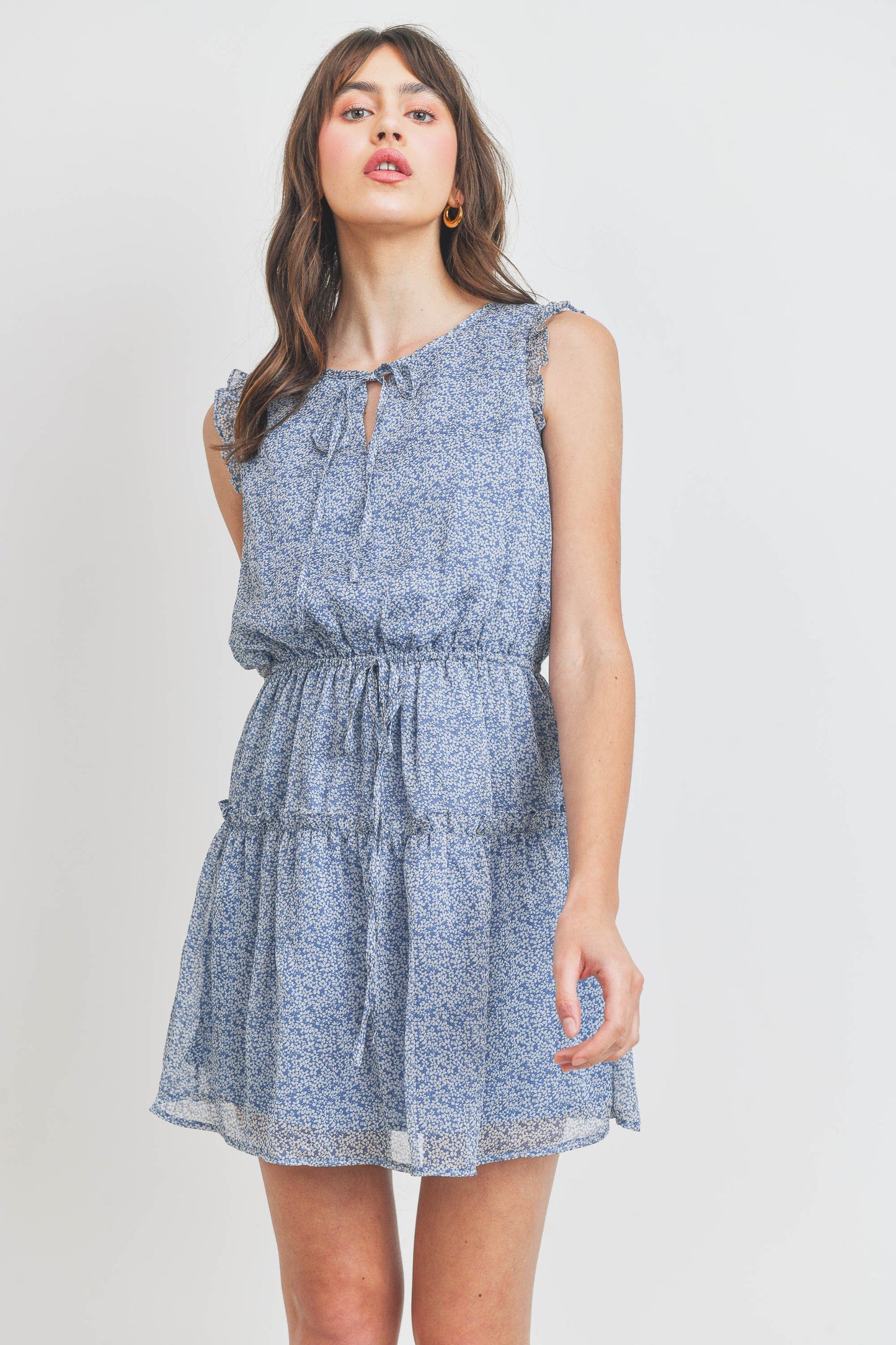 Floral Print Ruffled Sleeveless Dress