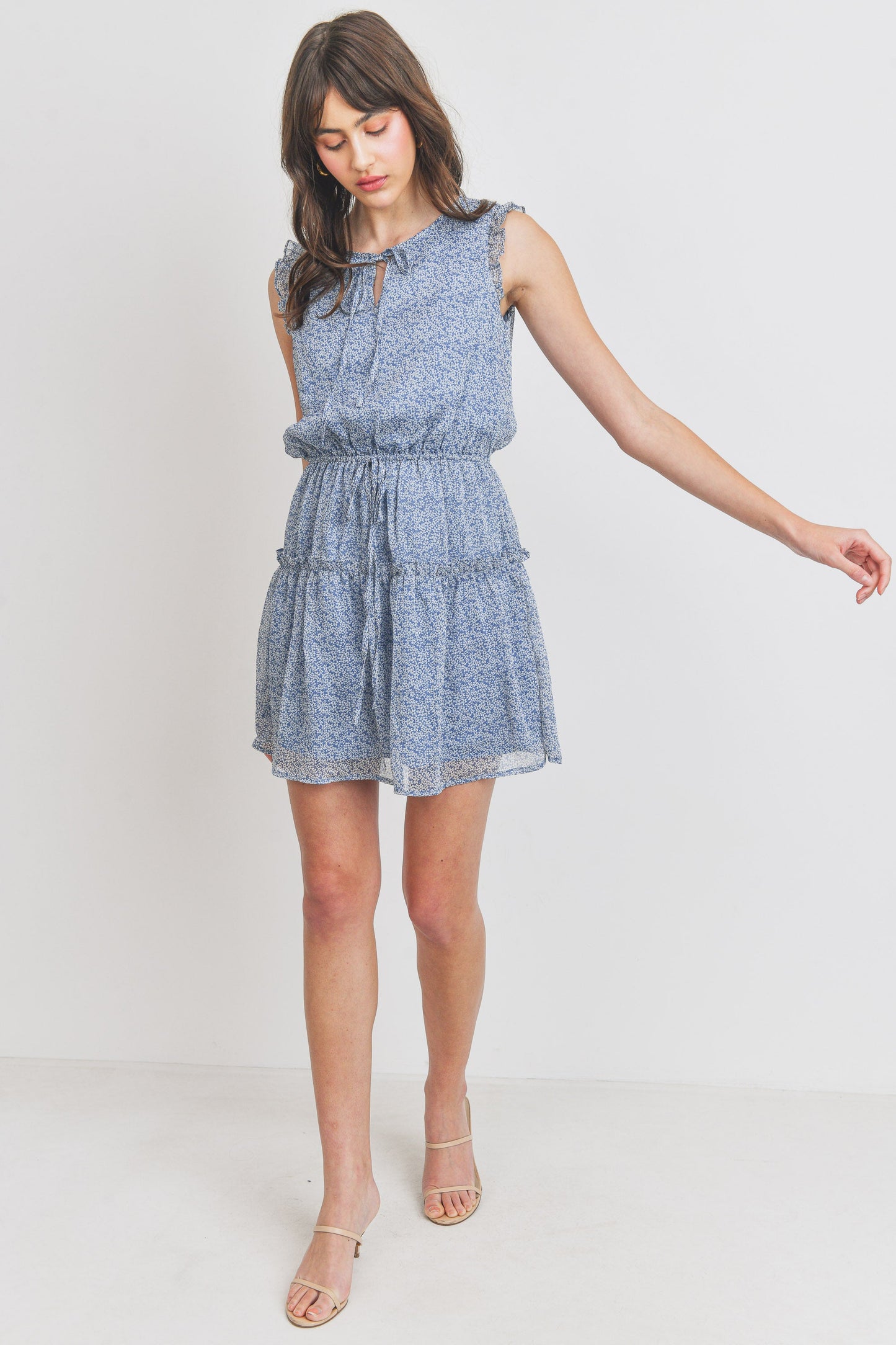 Floral Print Ruffled Sleeveless Dress