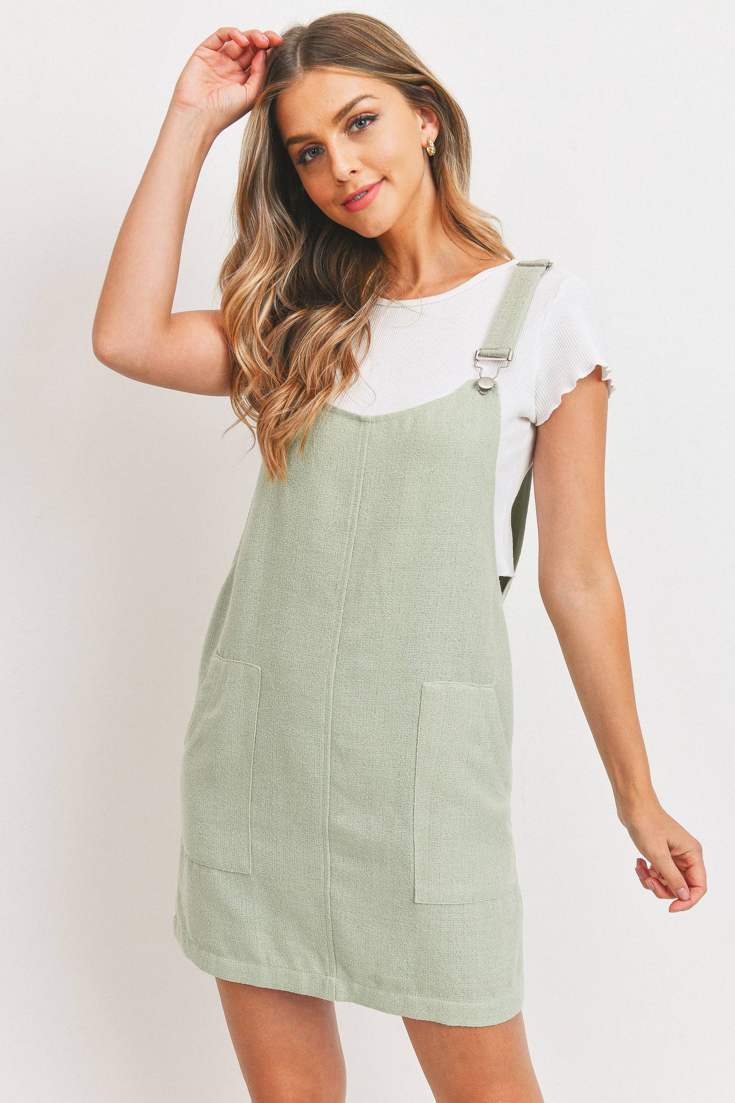 Solid Woven Fabric Overall Front Pocket Dress