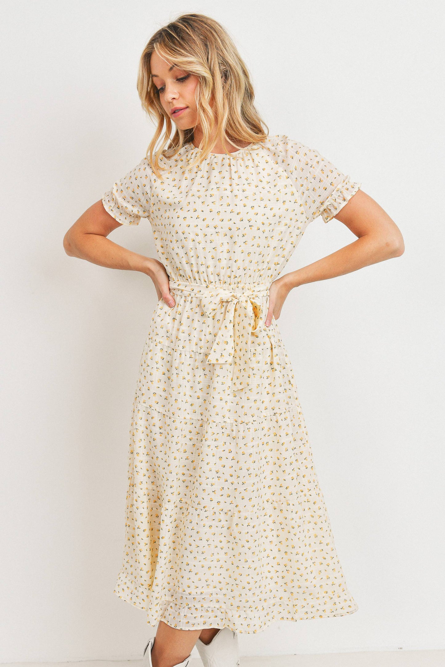 Short Sleeve Round Neck Bow Tie Dress