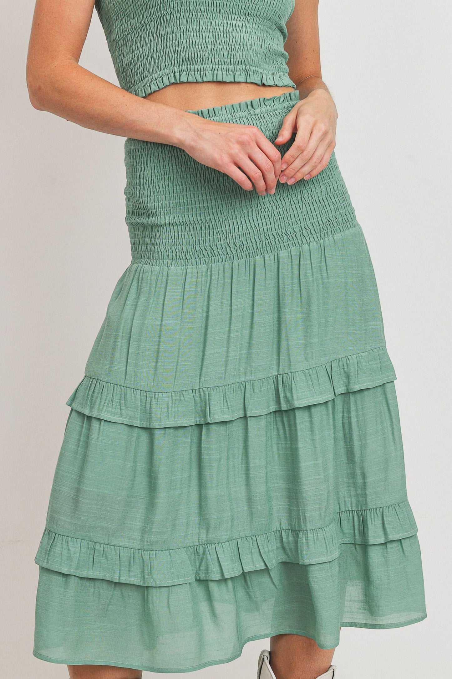 Textured Woven Fabric Smocking Tiered Skirt