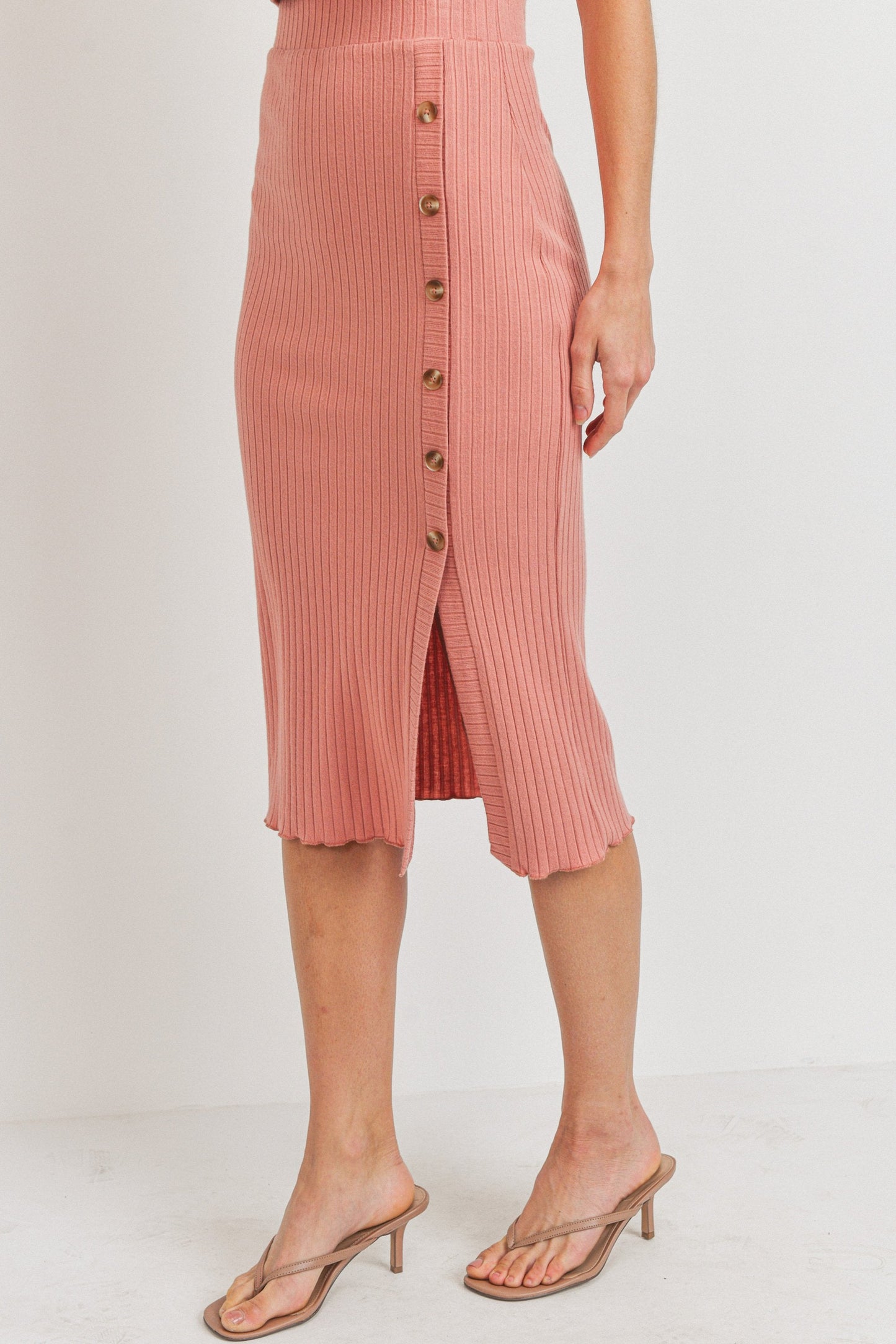 Soft Rib Pointed Button Front Side Midi Skirt