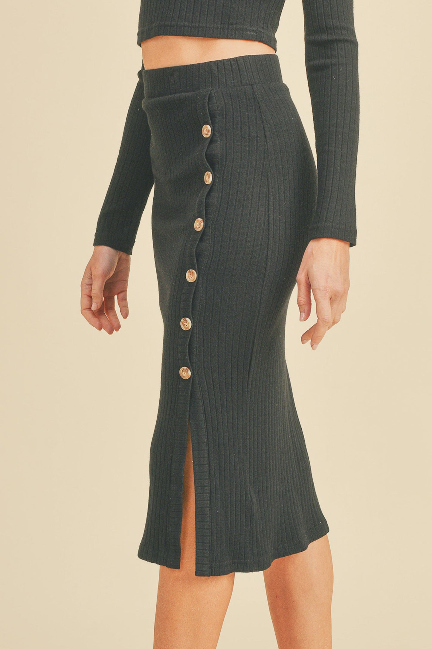 Button Detail Rib Midi Skirt