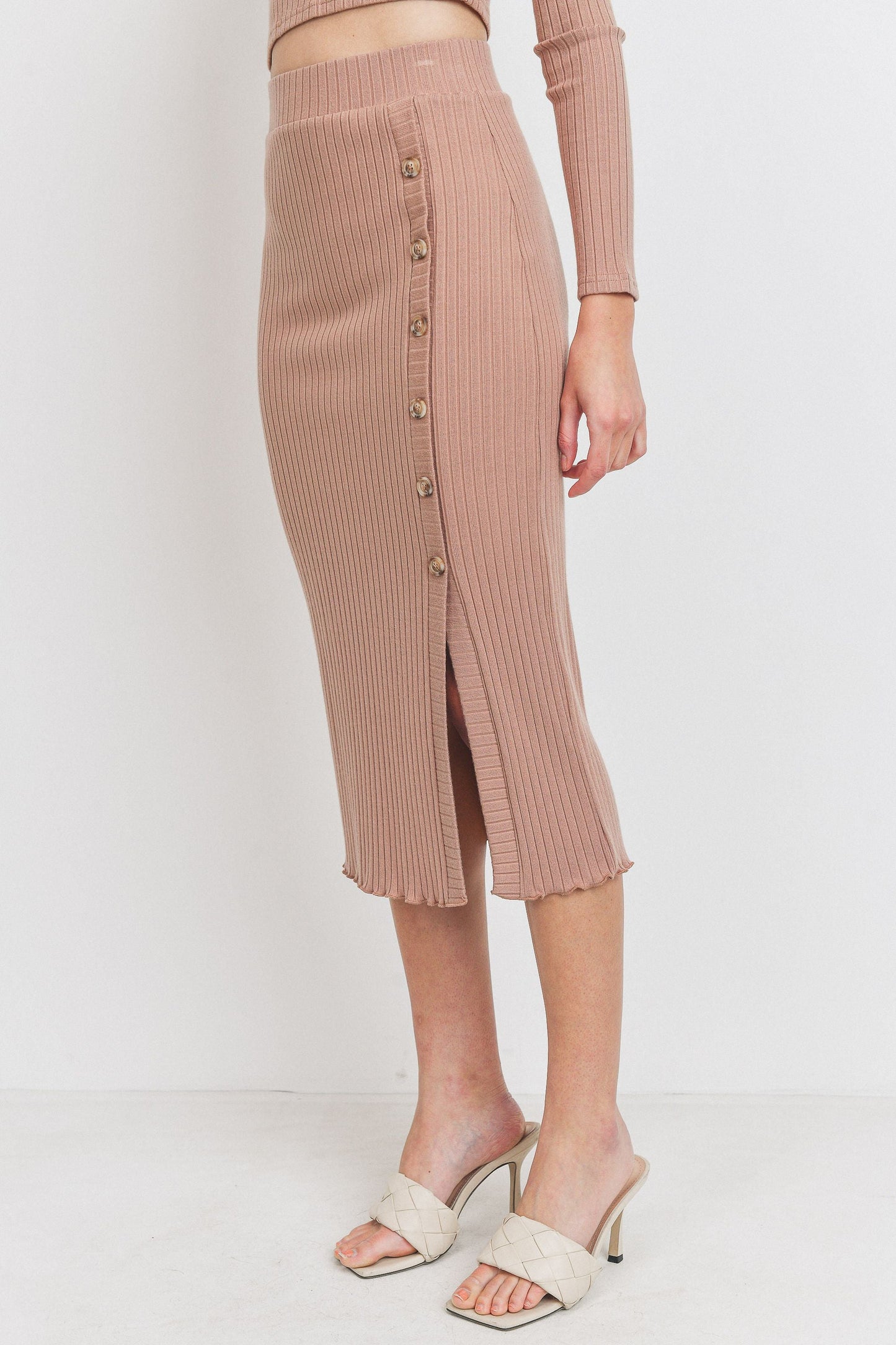 Button Detail Rib Midi Skirt