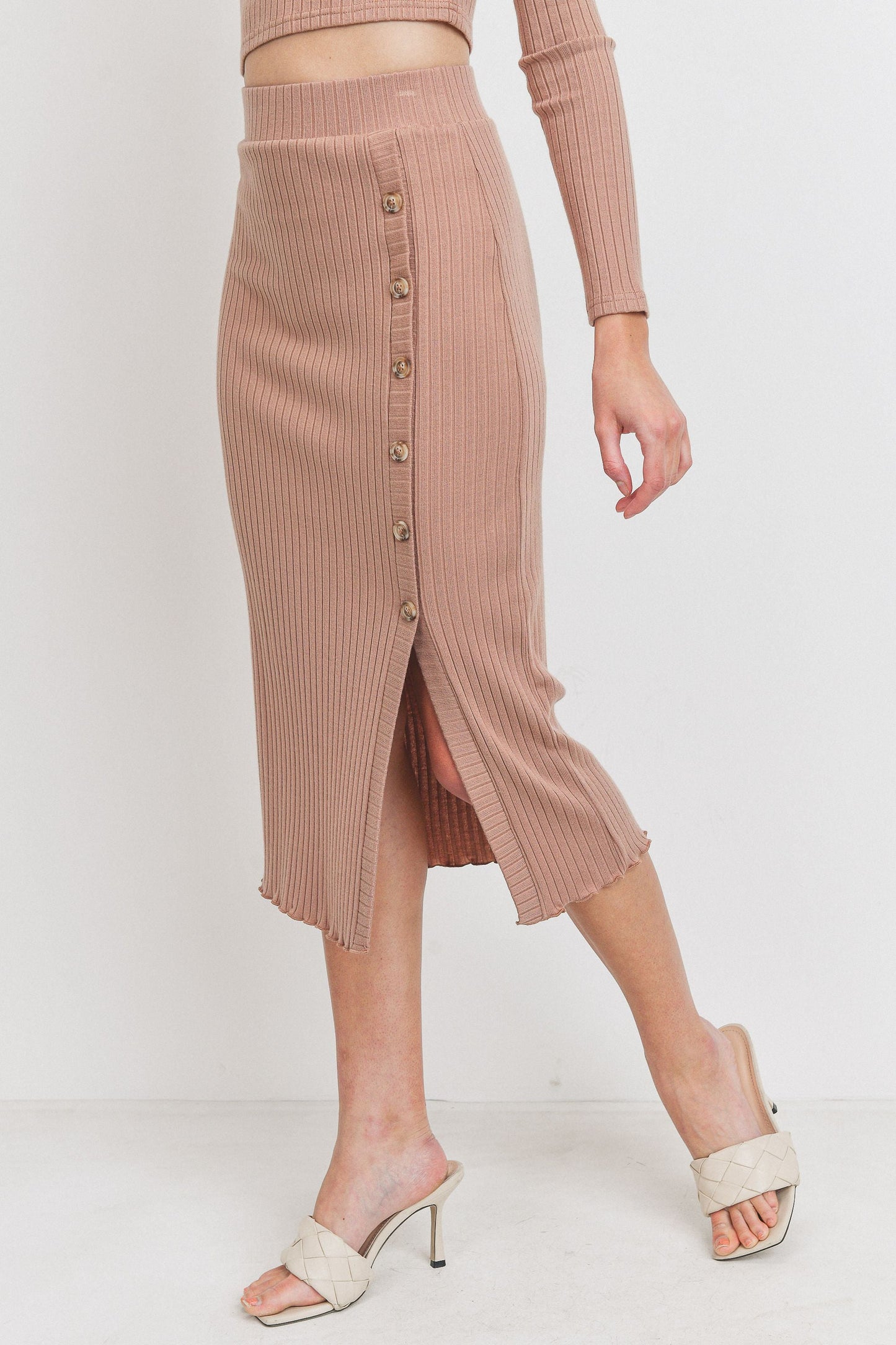 Button Detail Rib Midi Skirt