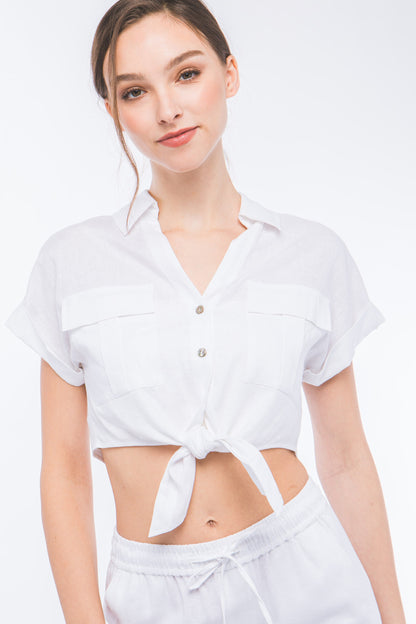 T8065LT Linen Shirt Sleeve Crop Top with Tie Detail