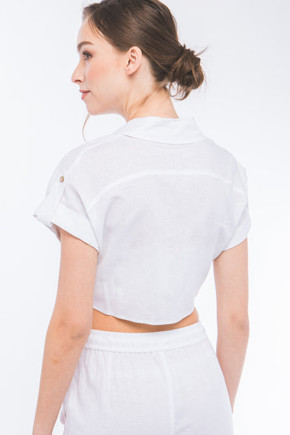 T8065LT Linen Shirt Sleeve Crop Top with Tie Detail