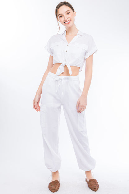 T8065LT Linen Shirt Sleeve Crop Top with Tie Detail