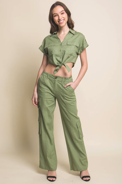 T8065LT Linen Shirt Sleeve Crop Top with Tie Detail