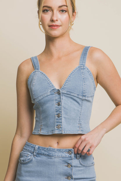 T8016LT Denim Cropped Vest Top with Buttons