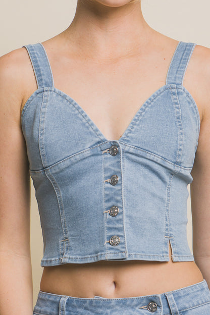 T8016LT Denim Cropped Vest Top with Buttons