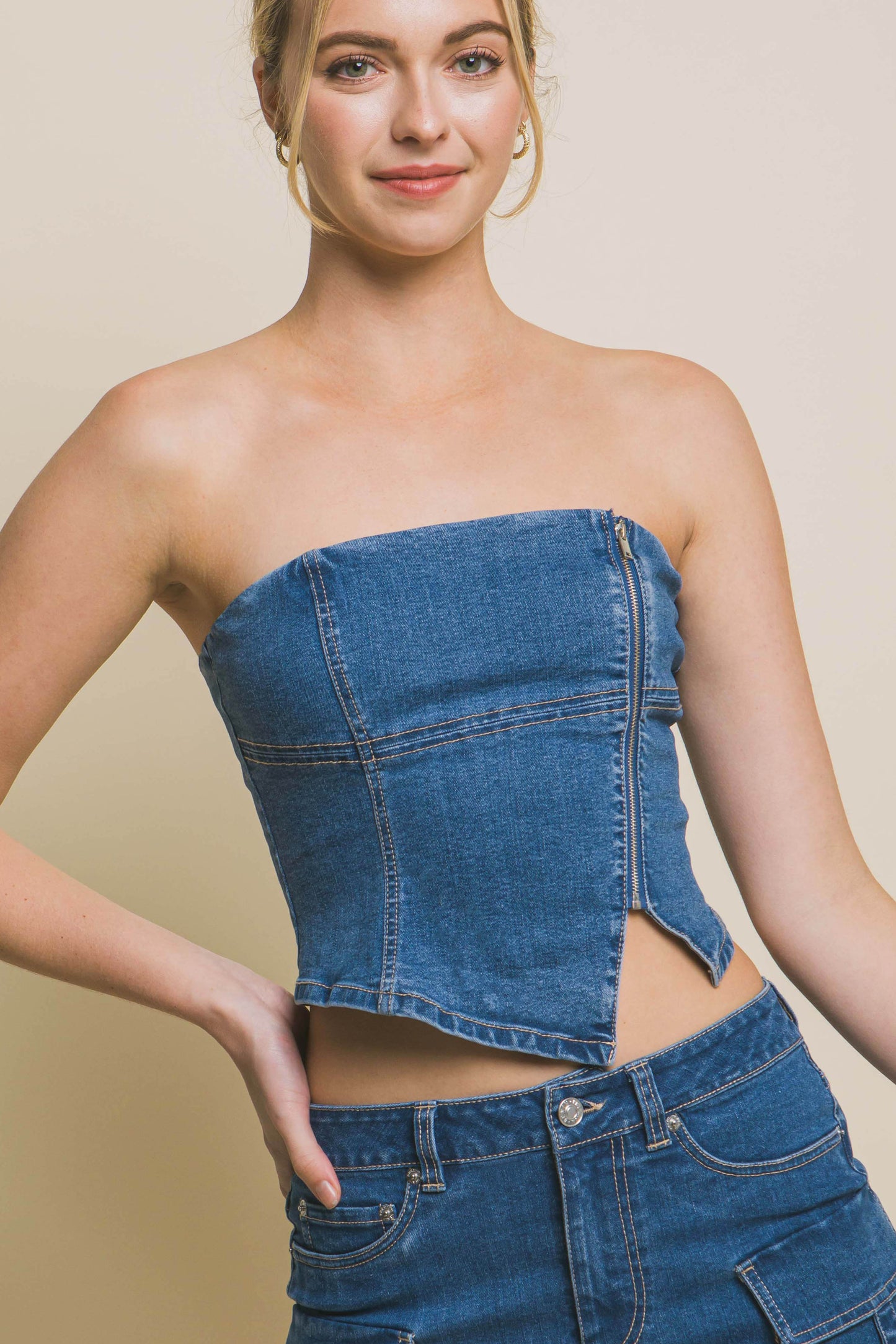 T8019TL Denim Strapless Zipper Vest Top with Smocked Back