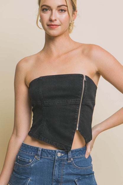 T8019TL Denim Strapless Zipper Vest Top with Smocked Back