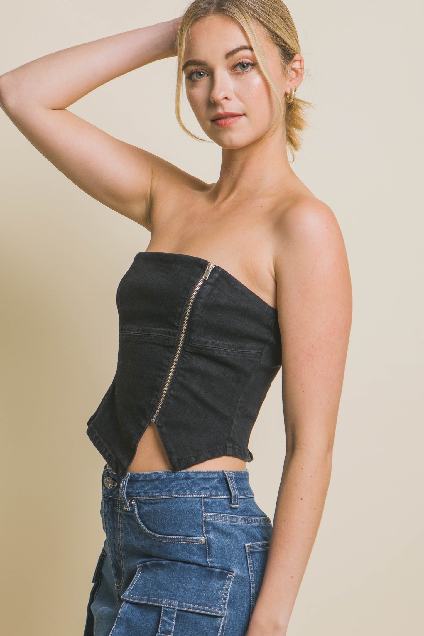 T8019TL Denim Strapless Zipper Vest Top with Smocked Back