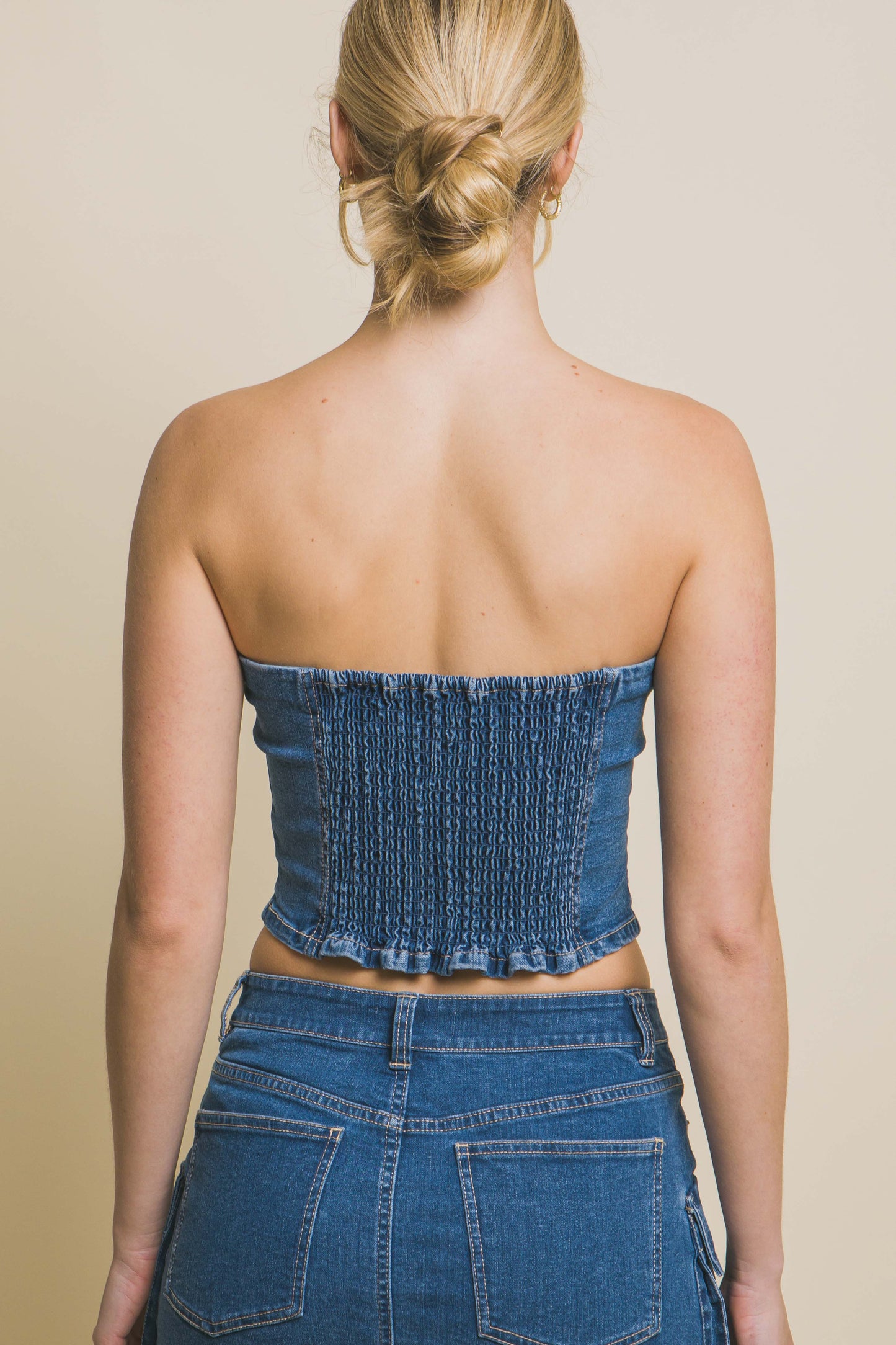 T8019TL Denim Strapless Zipper Vest Top with Smocked Back