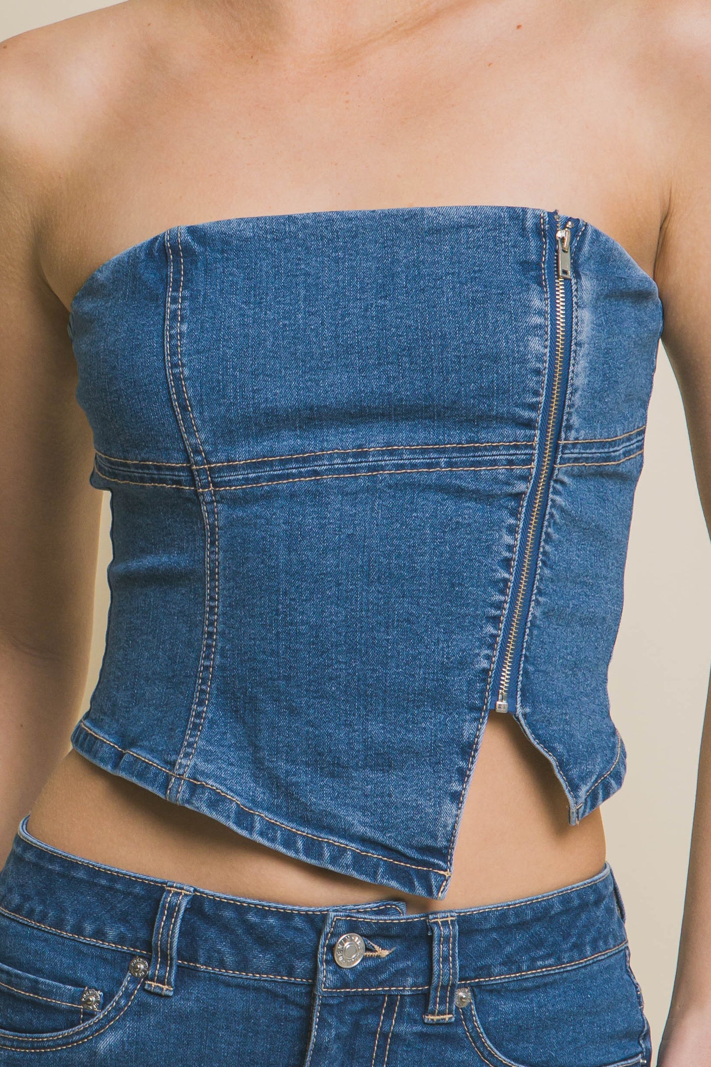 T8019TL Denim Strapless Zipper Vest Top with Smocked Back