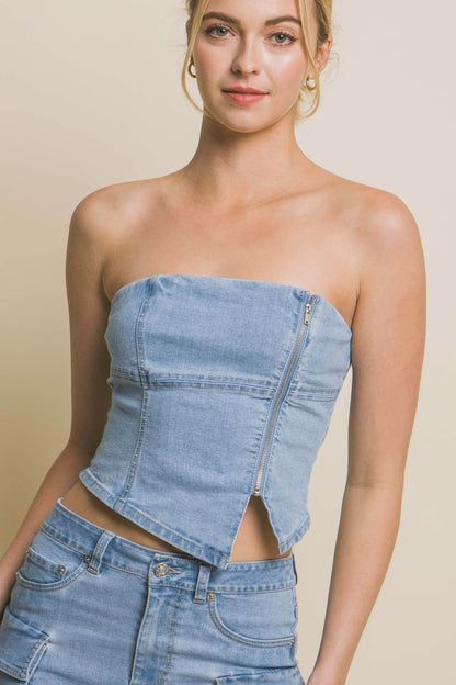 T8019TL Denim Strapless Zipper Vest Top with Smocked Back