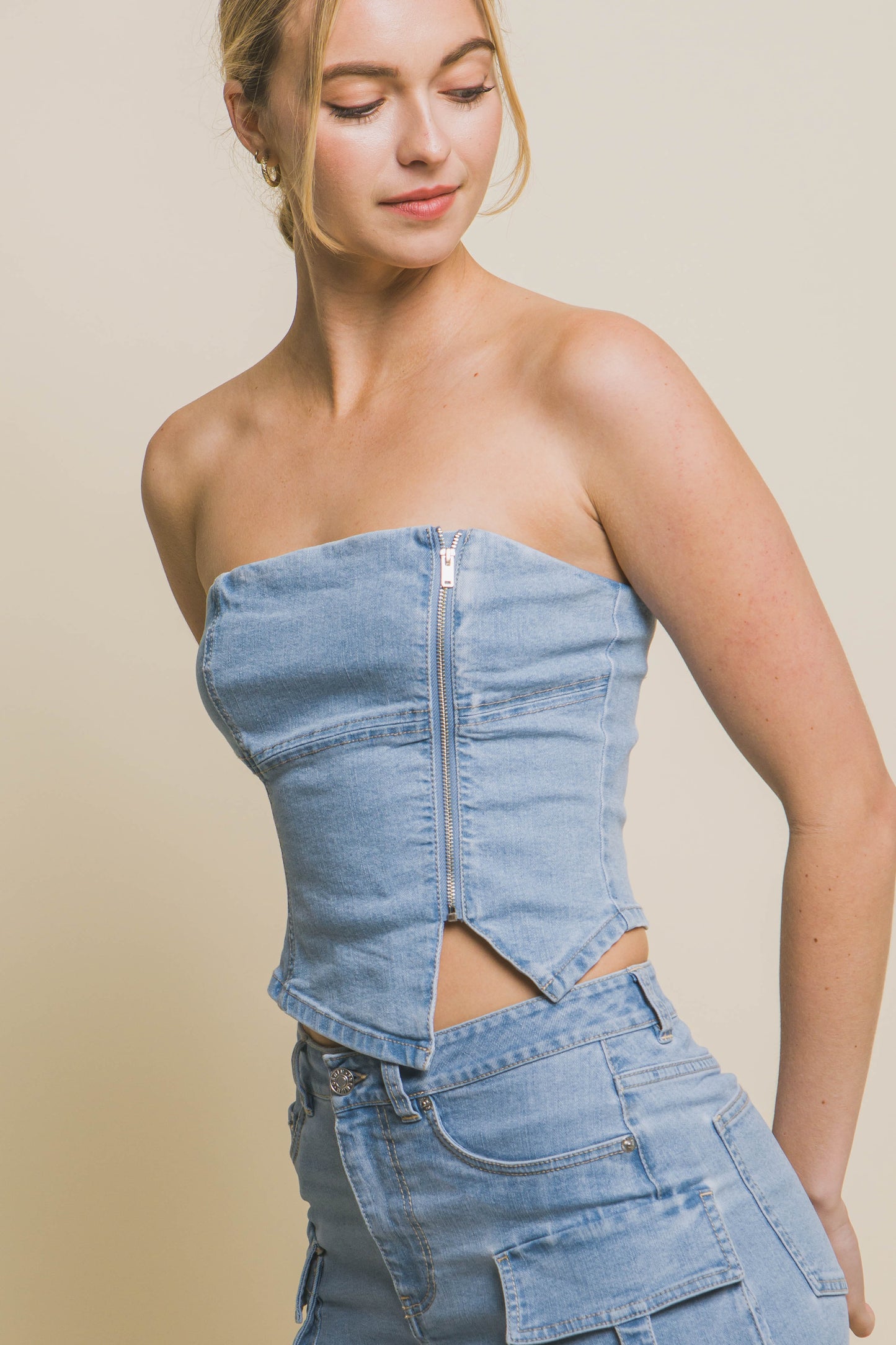 T8019TL Denim Strapless Zipper Vest Top with Smocked Back