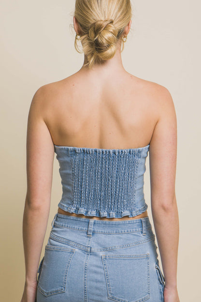 T8019TL Denim Strapless Zipper Vest Top with Smocked Back